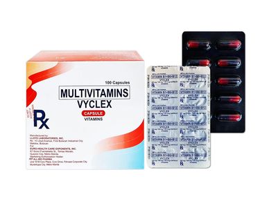 Box and blister pack of Multivitamins Vyclex capsules.