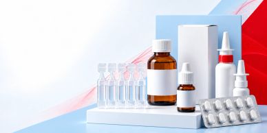 Various pharmaceutical products on a white and blue surface.