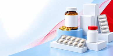 Various pharmaceutical pills and bottles arranged on a surface.