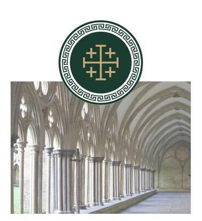 Gothic arches lining a cloister with a Jerusalem cross emblem above.