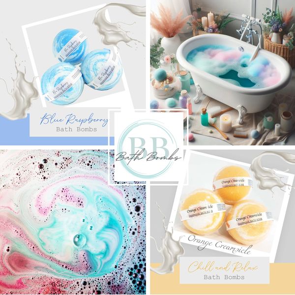 The image includes four pictures highlighting bath bombs, pictures of tub and colorful bath bombs.