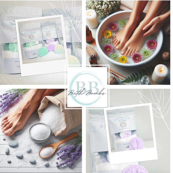 The image includes four pictures highlighting foot bath soaks, pictures of feet and packaged product