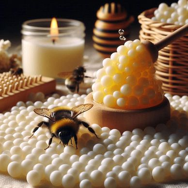 A bee rests on a piece of white beeswax, while a candle flickers softly in the background.
