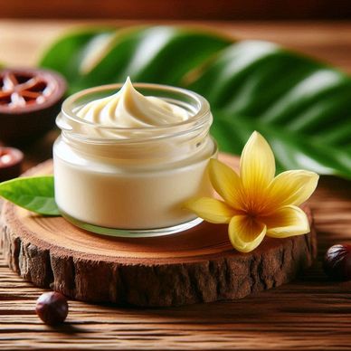 A jar filled with creamy white kokum butter rests on a wooden slice, a yellow flower sits by jar.