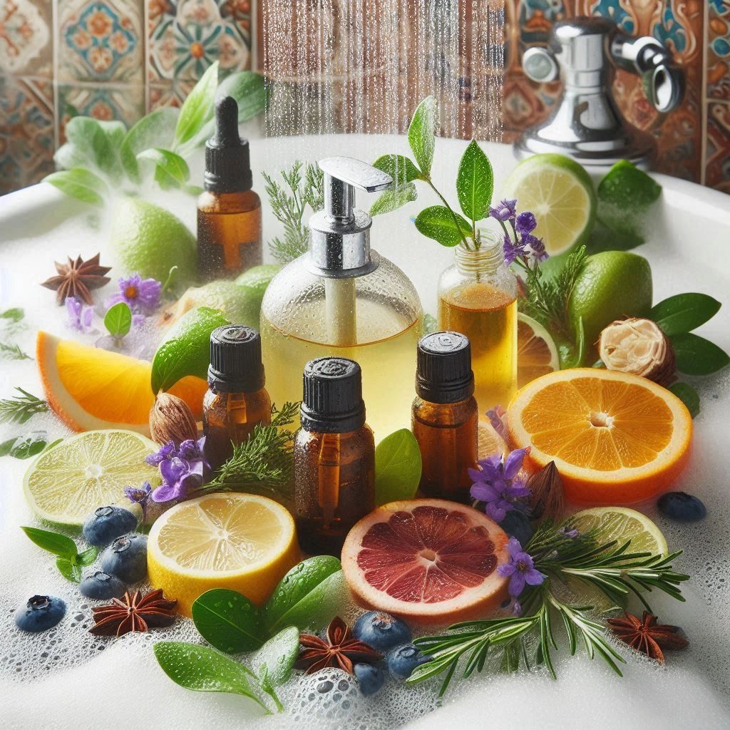 Refreshing bath scene with essential oils, citrus fruits, herbs, flowers, perfect for relaxation!
