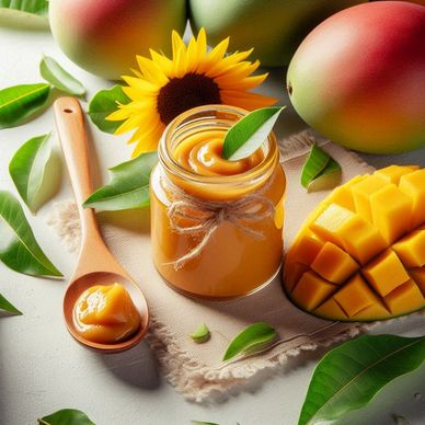 A jar brimming with orange mango butter, beside it a fresh mango, and a spoonful of mango paste.