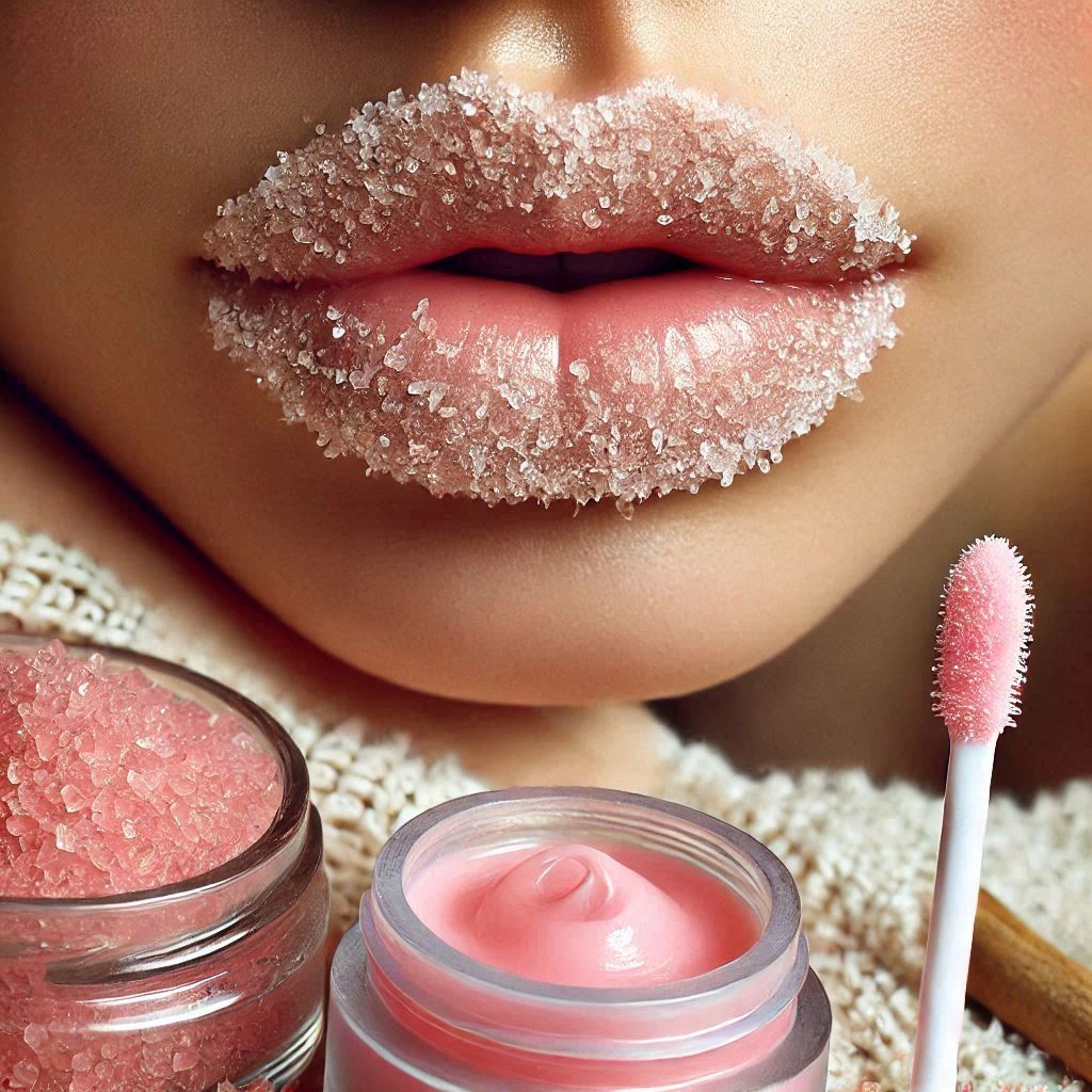 Lip care setup-sugar-crystal exfoliation on lips, pink scrub, nourishing lip balm, & applicator tool
