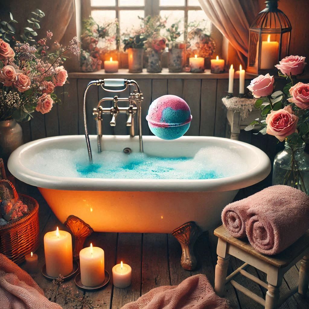 Romantic clawfoot tub, candlelit glow, floral elegance—bath bomb fizzes, releasing vibrant colors.