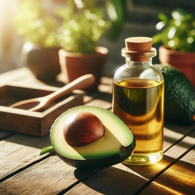 A freshly sliced ripe avocado, with its pit visible, rests next to a jar of avocado oil.