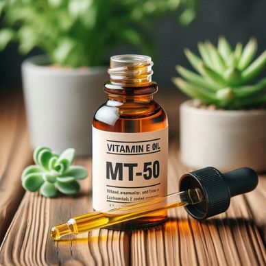 A jar of vitamin E oil sits beside a plant, while a dropper filled with vitamin E oil sits nearby.