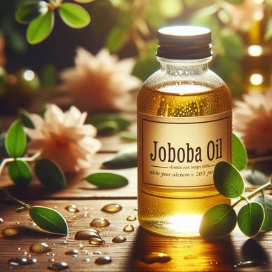 A bottle of jojoba oil, with droplets spilled on the table, placed beside plant leaves and a flower.