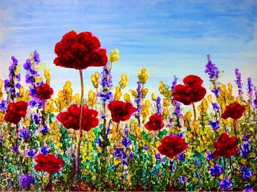 “Poppies and Wildflowers, alcohol ink on Yupo, 5”x 7”, Valerie French, 2021
