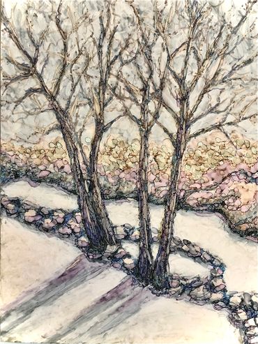 “Winter Trees”, alcohol ink on Yupo, Valerie French 2021