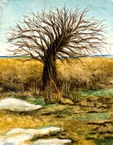“Trumpet in Winter”, watercolor on cold press, 9”x 13”, Valerie French, 2002