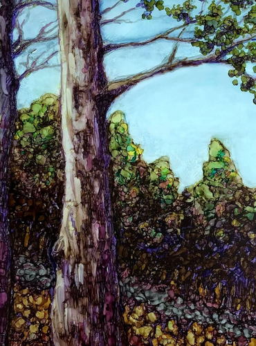 “Sun on the Beech”, alcohol ink on Yupo, 9”x12”, Valerie French 2019