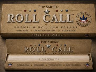 Pop Smoke Roll Call premium rolling papers with natural hemp and perforated tips.