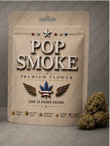 Pop Smoke premium flower cannabis packaging with buds beside it.