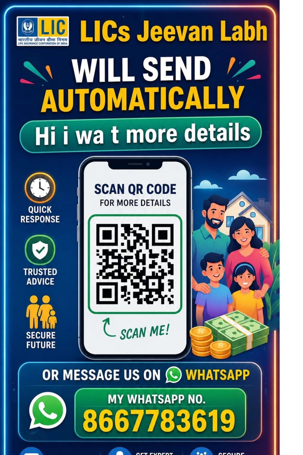 LIC Jeevan Labh insurance info with QR code and WhatsApp contact for quick, trusted advice.