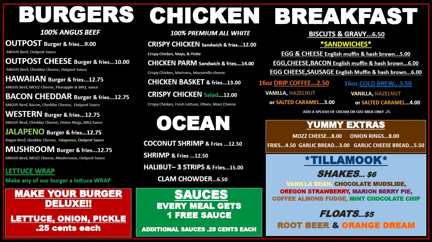 Menu with burgers, chicken, ocean food, breakfast, sauces, and shakes.
