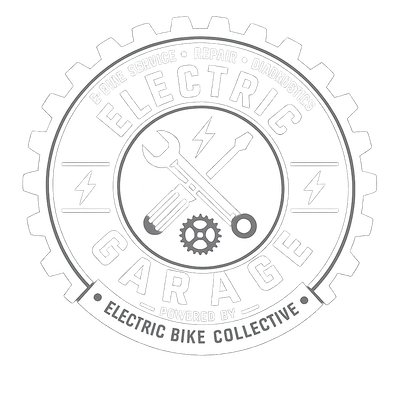 Electric garage logo with tools and lightning bolts.