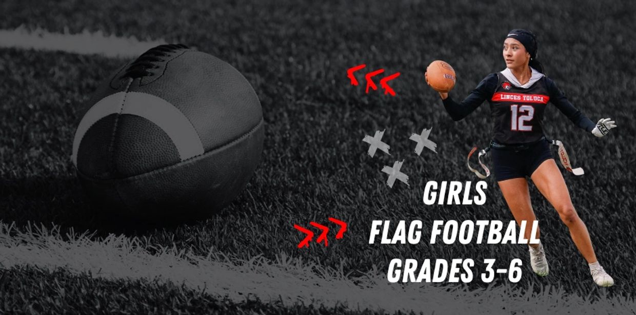 Young girl playing flag football, promoting girls' flag football for grades 3-6.