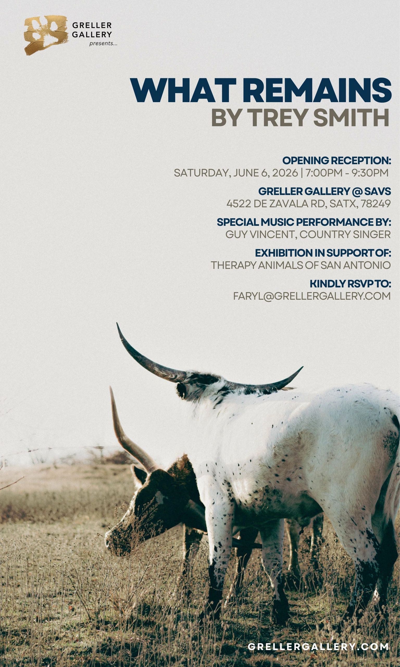 Art exhibition "What Remains" by Trey Smith opening June 6, 2026, at Greller Gallery with live music and charity support.