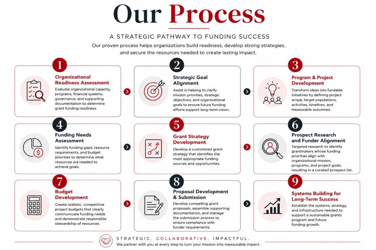 Nine-step strategic process for funding success with assessments, alignment, development, research, and systems building.