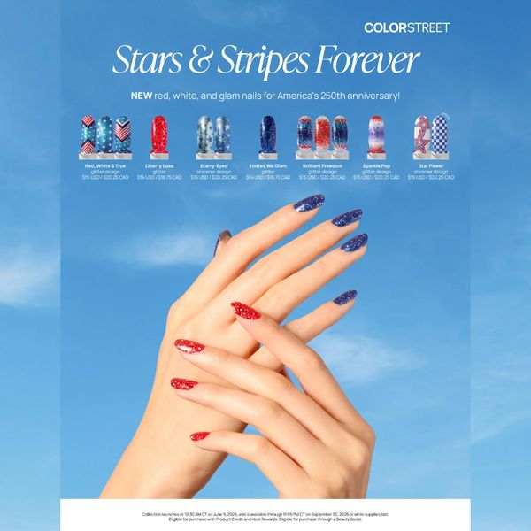 Red, white, and blue patriotic nail designs celebrating America's 250th anniversary.