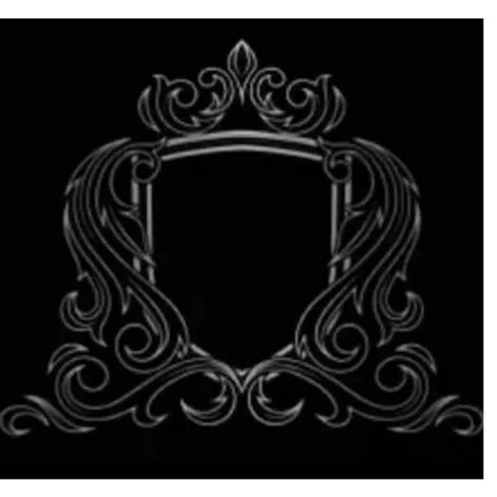 Ornate symmetrical black and white decorative frame with intricate curves.