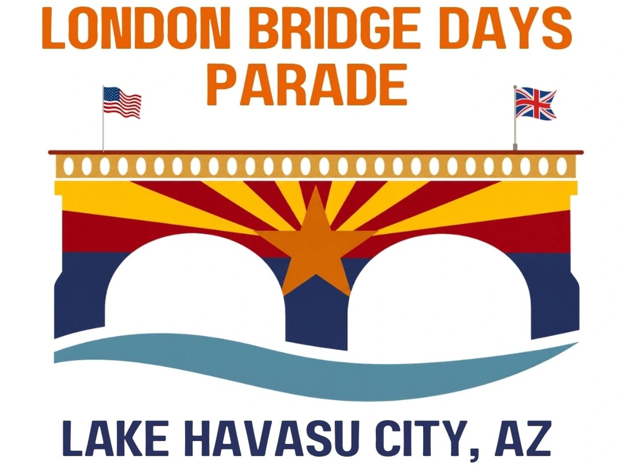 Logo for London Bridge Days Parade in Lake Havasu City, AZ with bridge and flags.