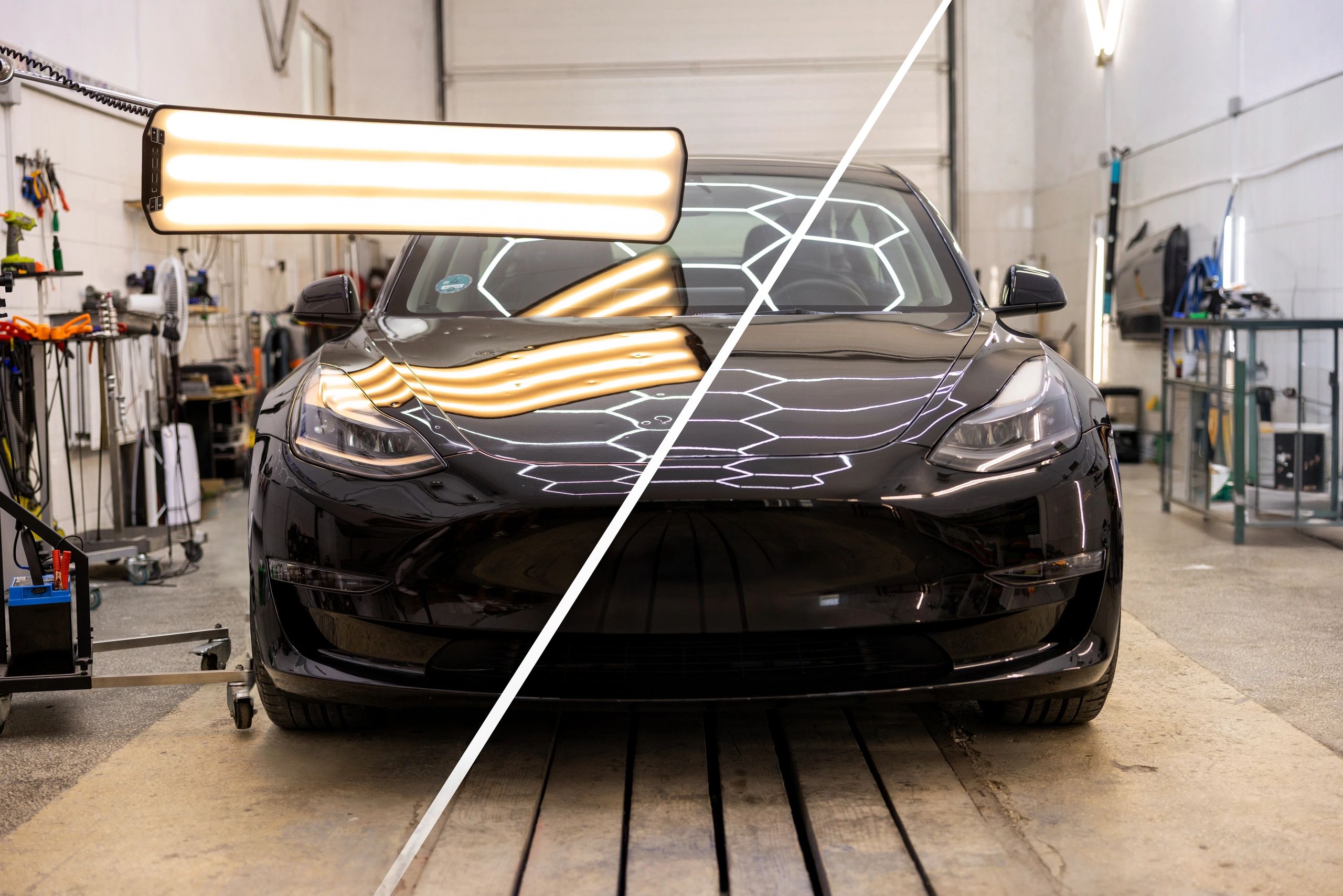 Image of the car before and after hail damage repair.