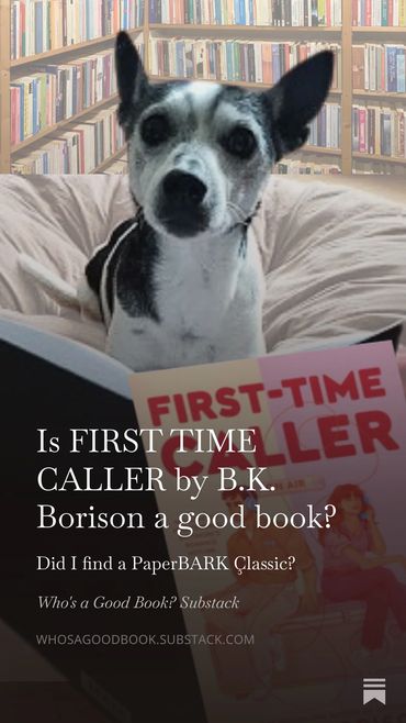 A dog appears to read a book titled 'FIRST-TIME CALLER' in a cozy library setting.