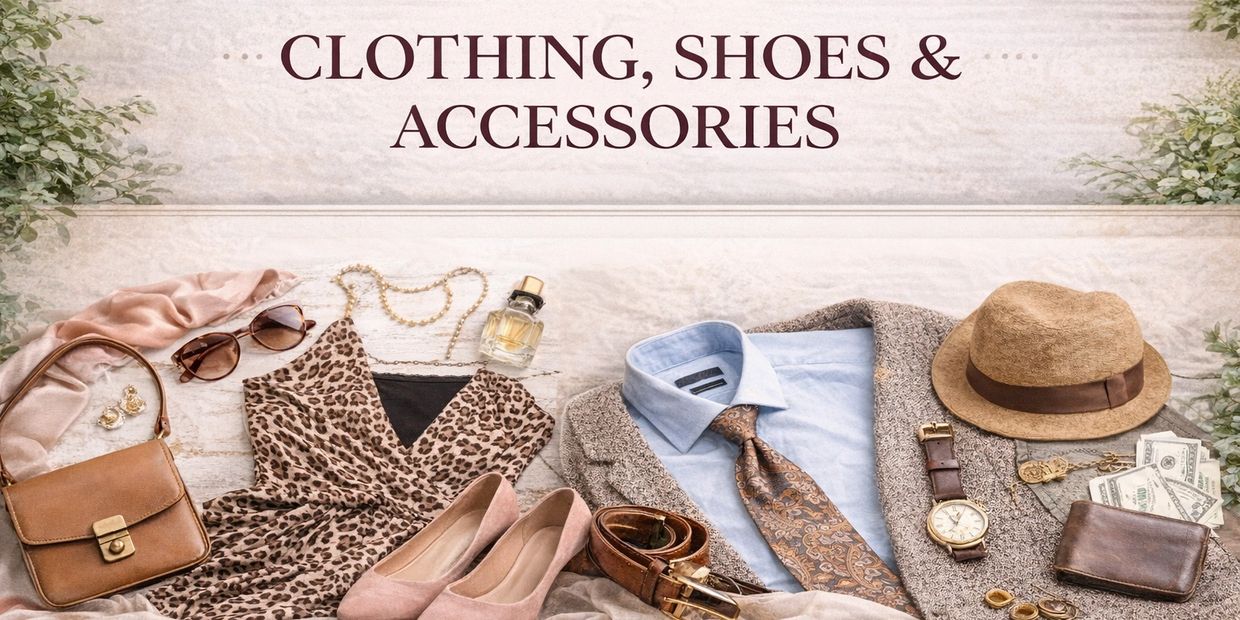 Fashion items including clothing, shoes, and accessories.