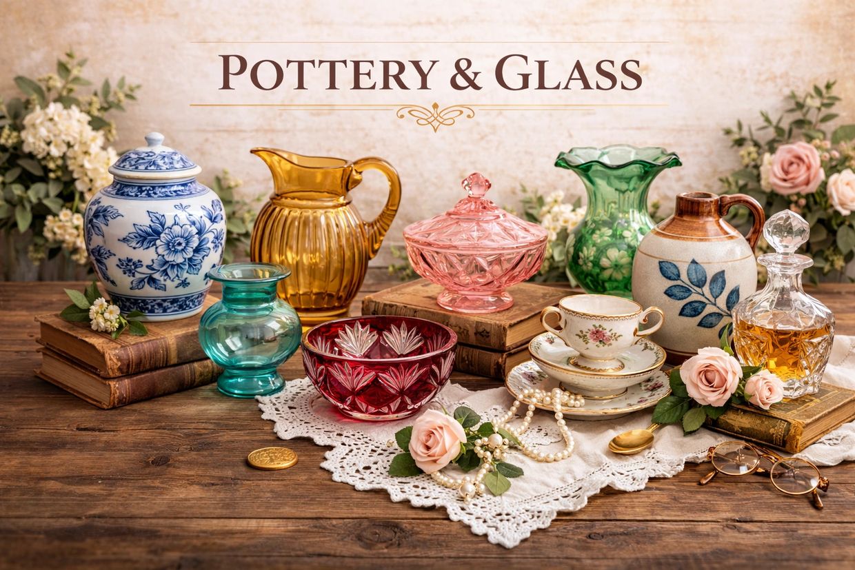 Vintage pottery and glassware displayed with roses and pearls.
