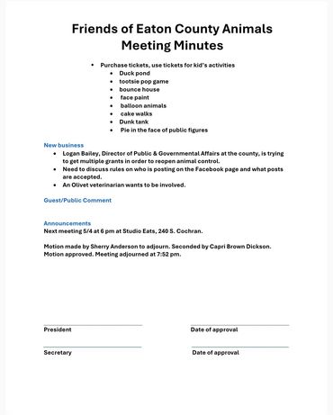 Meeting minutes for Friends of Eaton County Animals with event planning and new business updates.