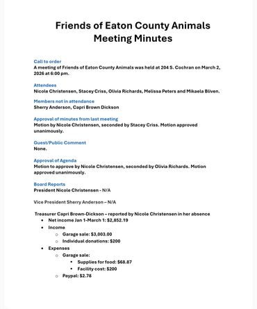 Meeting minutes for Friends of Eaton County Animals held on March 2, 2026.