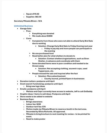 A detailed meeting note outlining pros, cons, and plans for a garage sale and other organizational tasks.