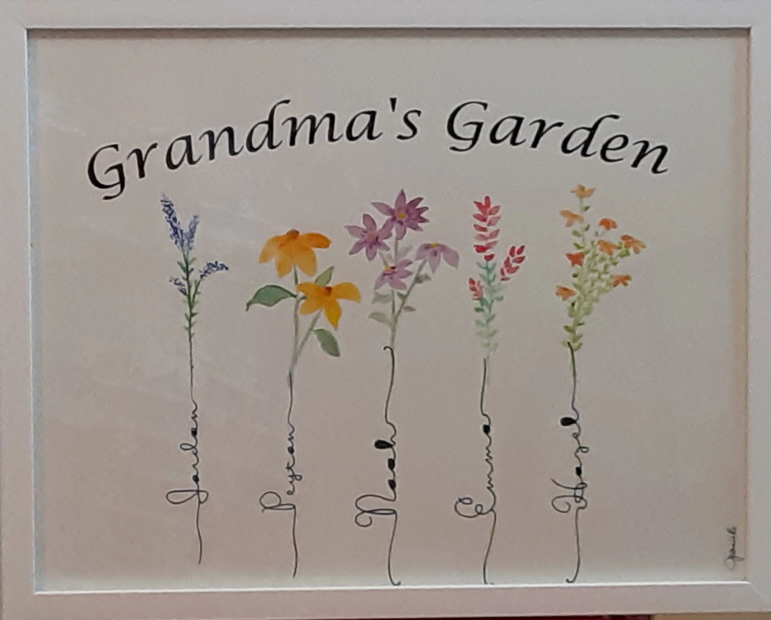 Personalized Garden
Original Watercolor
11 x 14 Framed
Up to 5 Names $25.00
Each Additional Name $2.