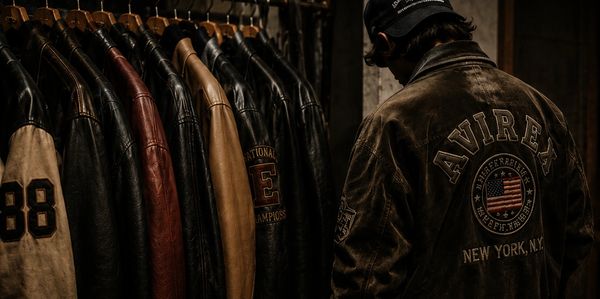 Man in vintage jacket browsing a rack of leather jackets in a dimly lit room.