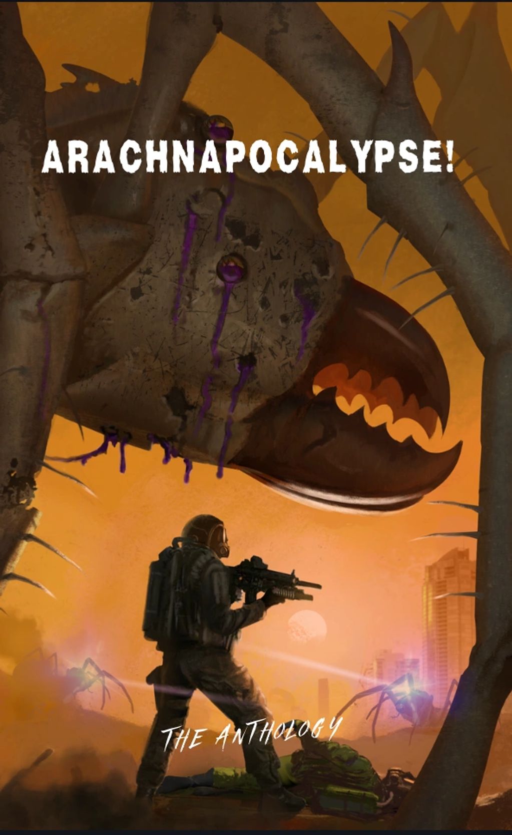 Soldier facing a giant spider in a post-apocalyptic scene.