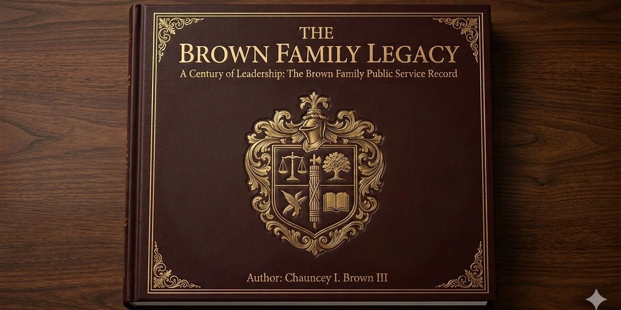 Leather-bound book titled 'The Brown Family Legacy' by Chauncey I. Brown III.