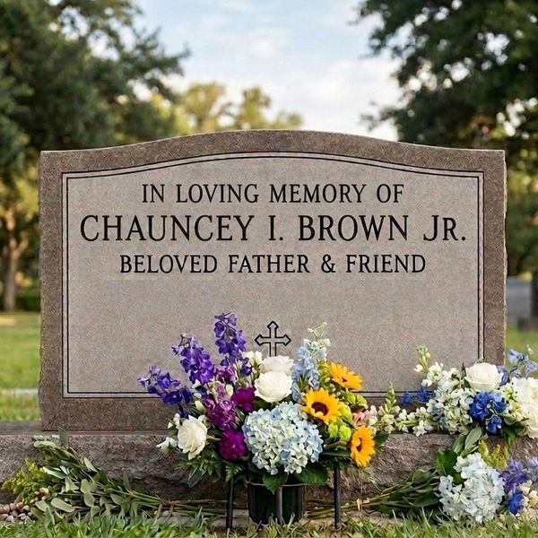 Gravestone of Chauncey I. Brown Jr. with flowers in a peaceful cemetery.