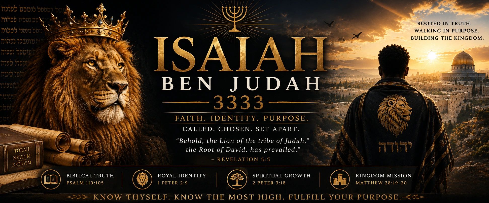 Crowned Lion of Judah beside Isaiah Ben Judah 3333 and a man overlooking Jerusalem at sunrise.