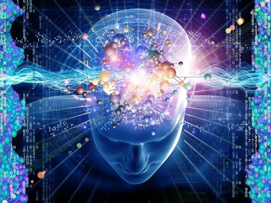 Digital human head with molecular and data visuals representing advanced brain activity.