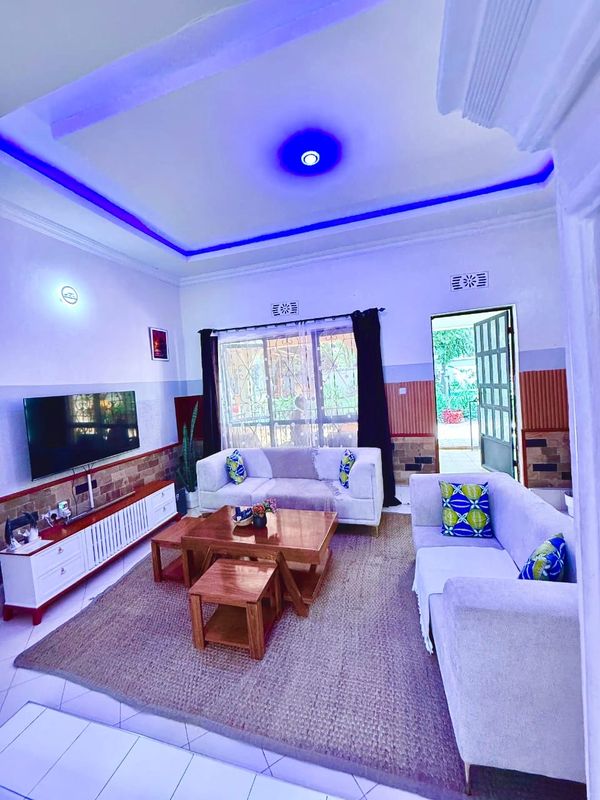 Bright living room with white sofas, wooden tables, and blue ceiling lights.