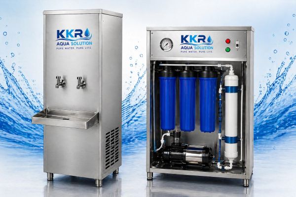 Two stainless steel water purification units with blue filters and taps.