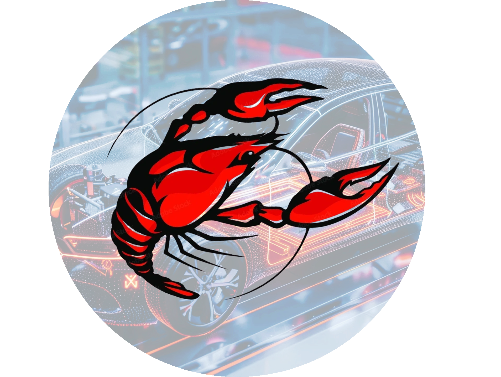 A futuristic digital car design with a bold red lobster overlay.