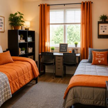 Cozy dorm room with twin beds and warm orange accents.