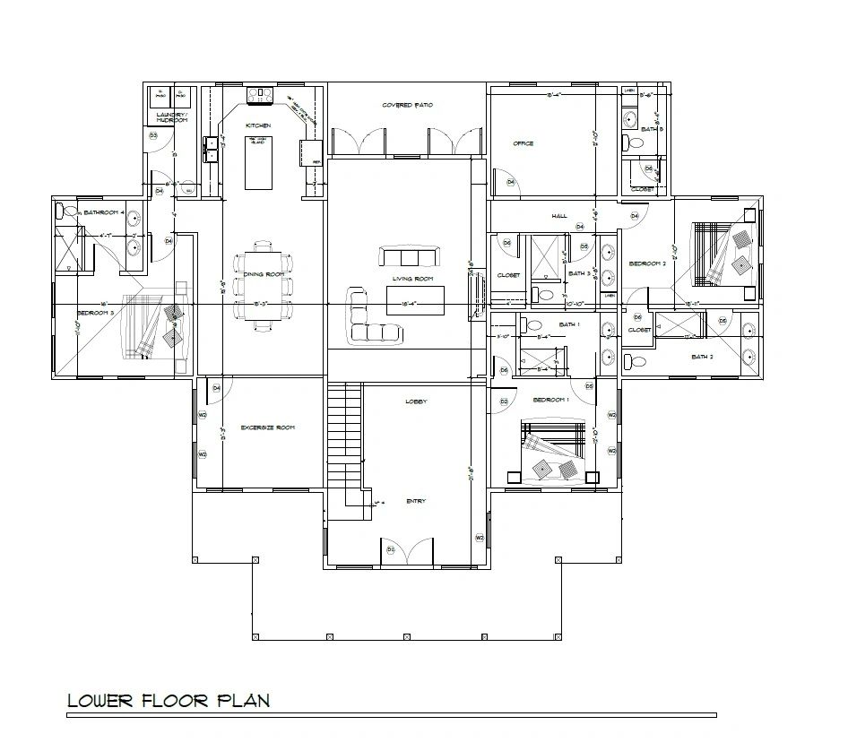 Architectural lower floor plan with rooms and dimensions.