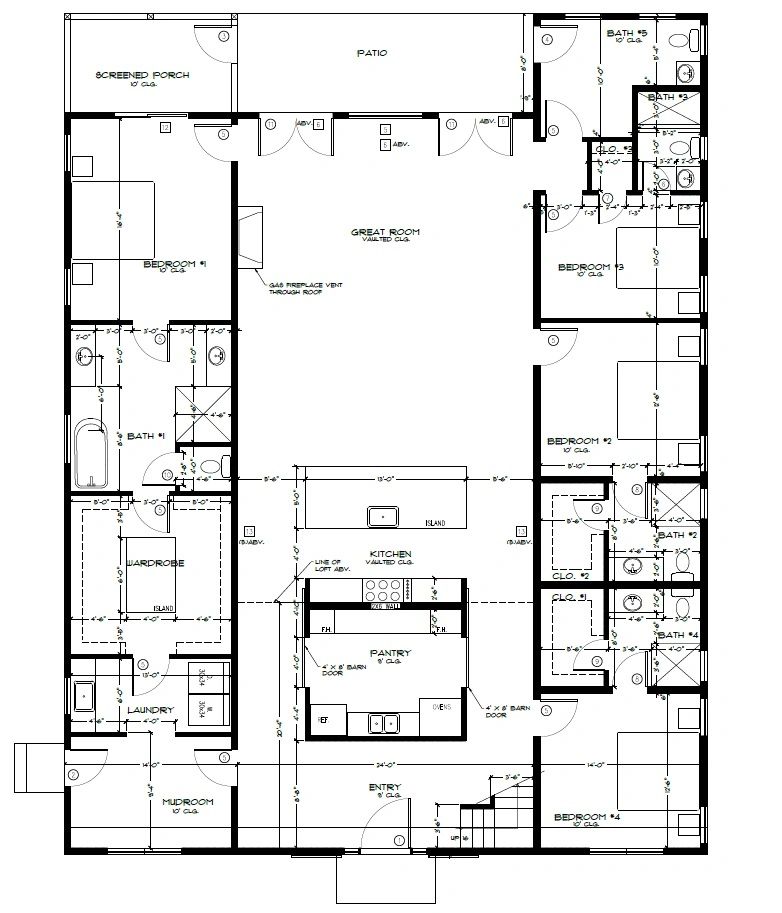 Detailed floor plan with four bedrooms, multiple bathrooms, kitchen island, and patio.